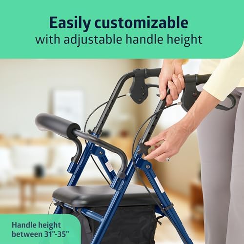 Medline Aluminum Rollator Walker with Seat, Blue, 250 lb. Weight Capacity, Lightweight, 6” Wheels, Foldable, Adjustable Handles, Rolling Walker for Seniors