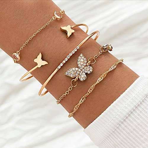 Fuqimanman2020 Bohemian 5pcs Butterfly Crystal Bangle Set Butterfly Open Bracelet for Women
