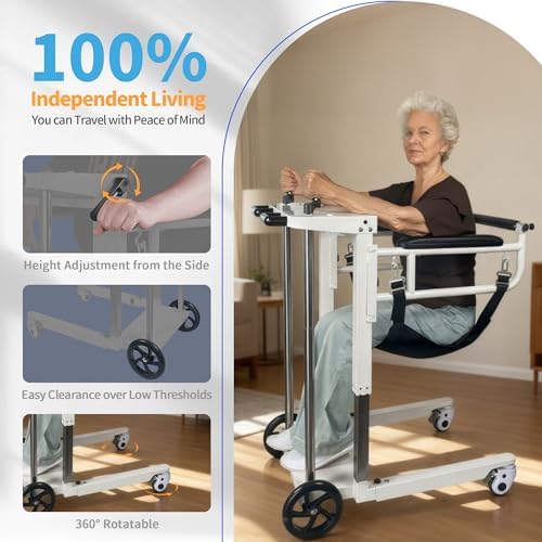 Portable Folding Patient Lift Transfer Chair for Home Use, Self-Operated Mobility Aid for Seniors, Bathroom Wheelchair with Adjustable Height, Alloy Steel, White, No Caregiver Needed