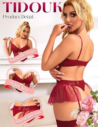 Womens Lingerie Set Sexy Lace Bodysuit with Detachable Mesh Mini Skirt Push up Garter Lingerie Sets(4pcs)