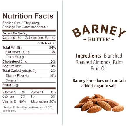 Barney Butter Almond Butter, Bare Crunchy, 10 Ounce Jar, No Added Sugar or Salt, Skin-Free Almonds, No Stir, Non-GMO, Gluten Free, Keto, Paleo, Vegan