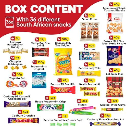Treats from Home South African Snacks Food Box | Authentic African Candies, Chocolate Bars, & Treats | Perfect Christmas Gifts Includes Ouma Rusks, Smarties, & More | Best South African Products Care Package for Gifting & Sharing - 36 Units