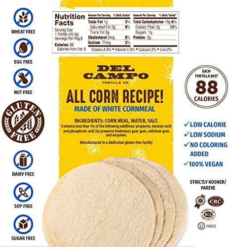 Del Campo Soft Corn Tortillas – 8 Inch Round, Gluten Free and All-Corn Authentic Mexican Food. Many Serving Options: Wraps, Tacos, Quesadillas or Burritos, Kosher. (8ct.) (Pack of 2)