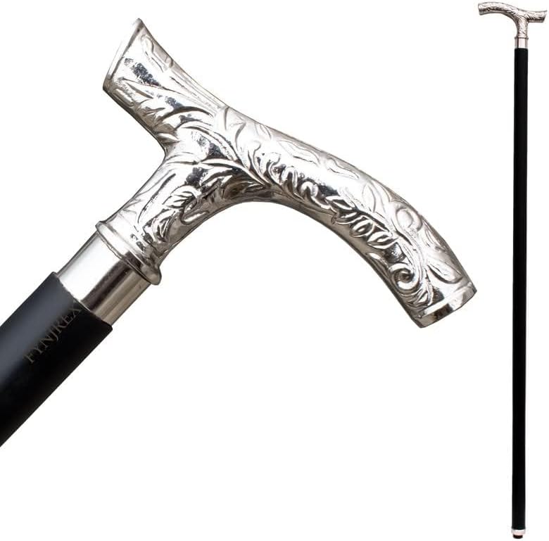 FYNJREX Vintage Antique Walking Cane Wooden Walking Stick Silver Brass Handle Knob Gift