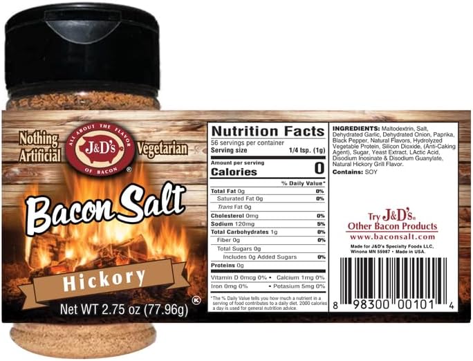 J&D's Bacon Salt, Original, 2.5 Ounce, Bacon-Flavored Seasoning Salt, Vegan, Vegetarian, Kosher (Hickory)