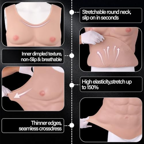 Realistic Silicone Muscle Suit Men Chest Plate Enhanced Fake Abs & Pecs Vest for Cosplay, Halloween, Costume Party