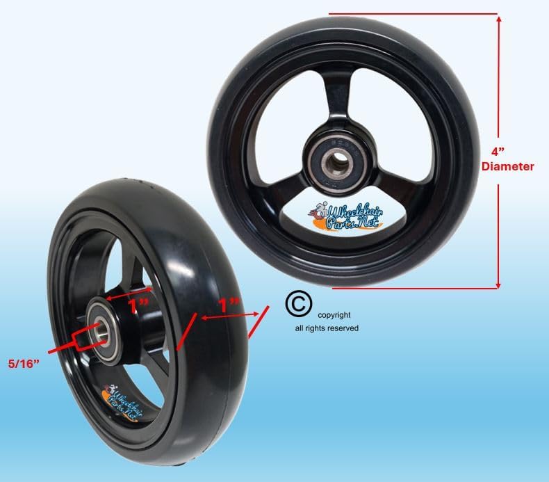Soft Roll Caster Wheels in 3", 4" & 5" For Wheelchairs (4" x 1" Black Rim/Black Tire)