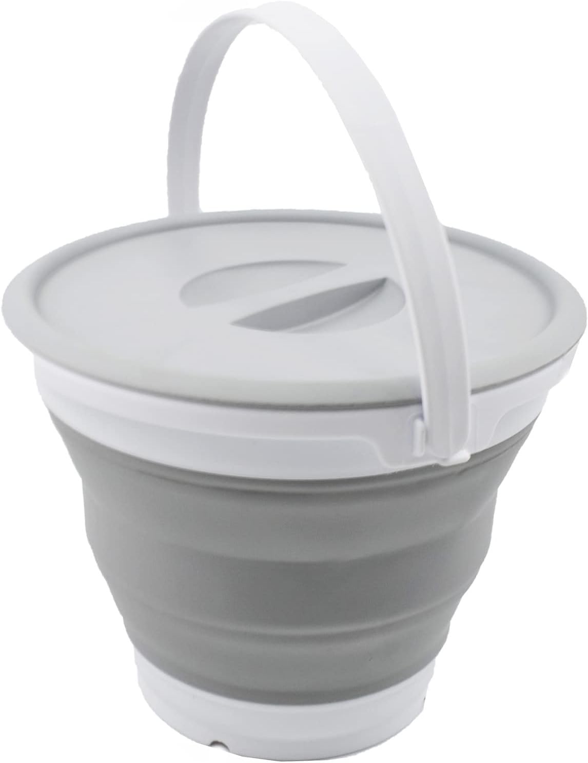 SAMMART 5.5L (1.4 Gallon) Collapsible Plastic Bucket with Lid - Foldable Round Tub with Lid - Portable Fishing Water Pail - Space Saving Outdoor Waterpot. (White/Grey, 1)