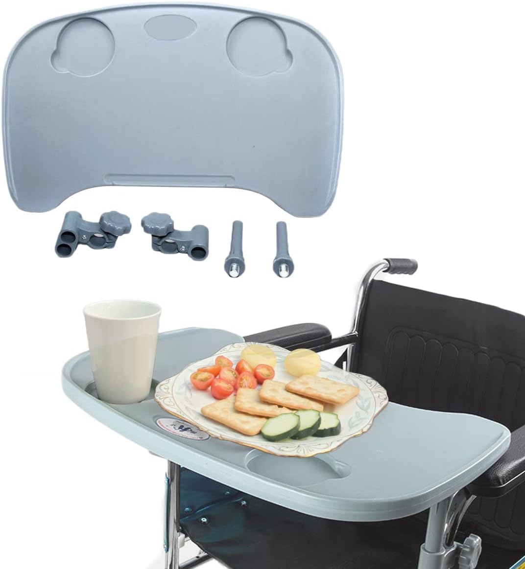 Wheelchair Tray Table - Removable Wheelchair Desk Lap Board Eating Aid for Nursing Patient, Fits Wheelchair Arms of Distance 16" - 20" (Blue)