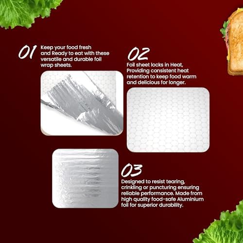 50 Packs Heavy Duty Insulated Aluminum Foil Sheets – 14" x 10.3" Disposable Food Wraps for Sandwiches, Burritos, BBQ, Burgers, Hot & Cold Food