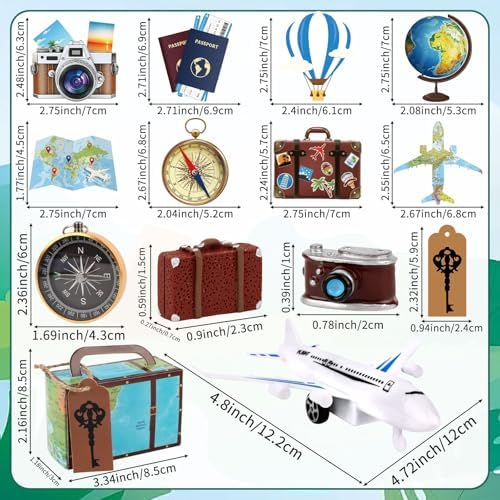 Hooqict 34 Pcs Travel Birthday Cake Topper with Mini Suitcase, Globe, Map, Airplane Cake Decorations for Travel Themed Party Decorations Let The Adventure Begin Around the World Party Supplies