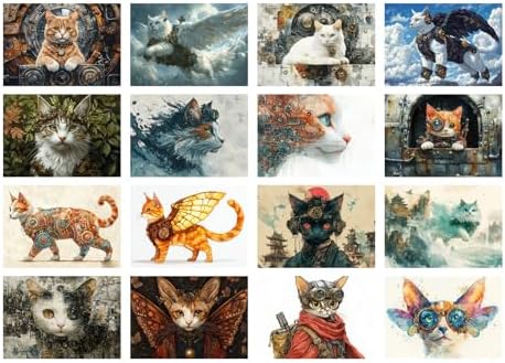 Decoupage Paper Pack (35 Sheets 6"x8") Steampunk Feline Parade ~ Inventive Steampunk Cats in Goggles, Armor, and Mechanical Wings Set in Surreal, Whimsical Backgrounds with Rich Artistic Details