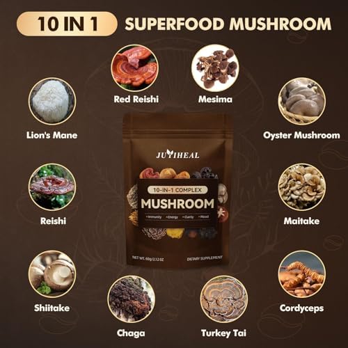 10-in-1 Mushroom Powder, Organic Mushroom Complex - Lions Mane, Reishi, Shiitake, Chaga, Turkey Tail, Cordyceps & More, Mushroom Supplement Powder for Energy, Memory, Focus & Immune Support - 60g