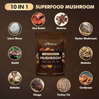 10-in-1 Mushroom Powder, Organic Mushroom Complex - Lions Mane, Reishi, Shiitake, Chaga, Turkey Tail, Cordyceps & More, Mushroom Supplement Powder for Energy, Memory, Focus & Immune Support - 60g