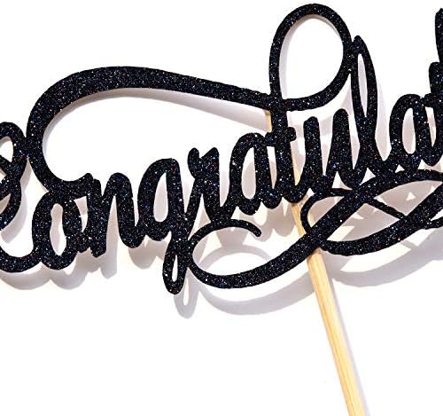 Congratulations Cake Topper, 2021 Graduation Party Decorations, Wedding Anniversary Retirement Proclamation of Pregnancy Party Decorations Black Glitter.