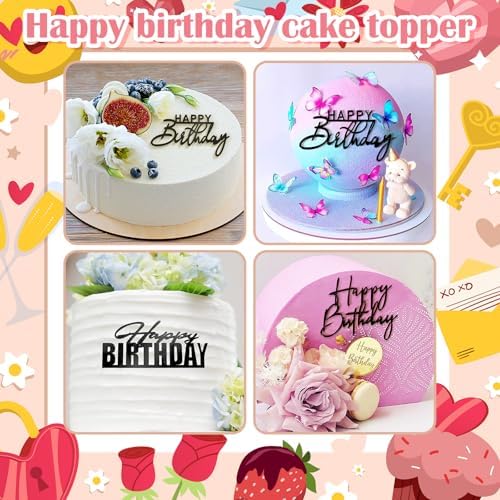6Pcs Cake Toppers Happy Birthday Acrylic Cake Topper Happy Birthday Cake Sign Picks Happy Birthday Cake Decorations Cake Stick Decor for Celebrating Birthday Anniversary Party(Black)