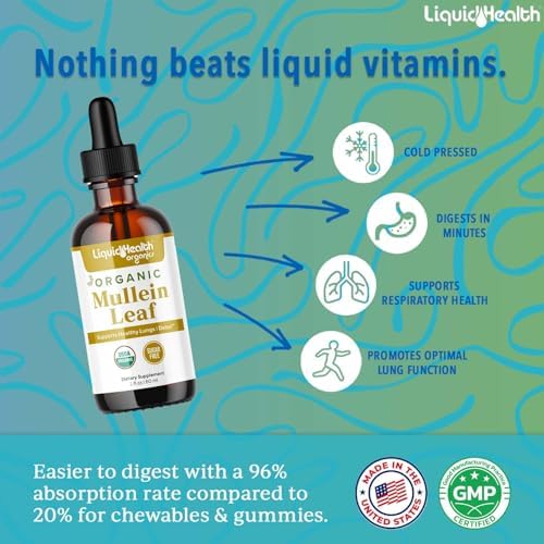 LIQUIDHEALTH USDA Organic Mullein Leaf Extract Drops for Lungs - Herbal Cleansing Drops for Smokers, Immune Support, Respiratory Health - 1000mg, 60-Day Supply, Sugar-Free, Made in USA (2 fl oz)