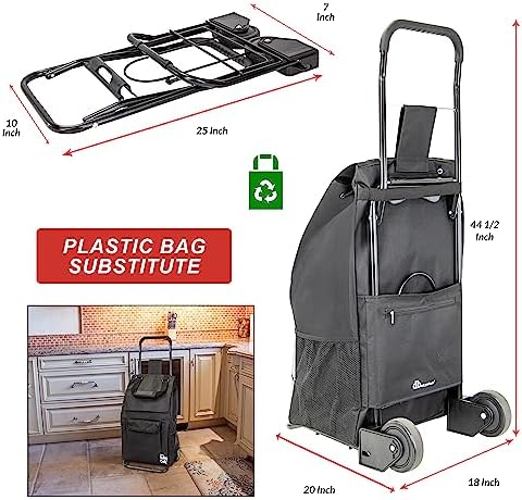 dbest Products Trolley Dolly Compact with Pockets – Foldable Grocery Cart on Wheels – Multi Use Rolling Cart with Removable Bag, Storage Pockets, and Hand Truck Dolly Function, Black