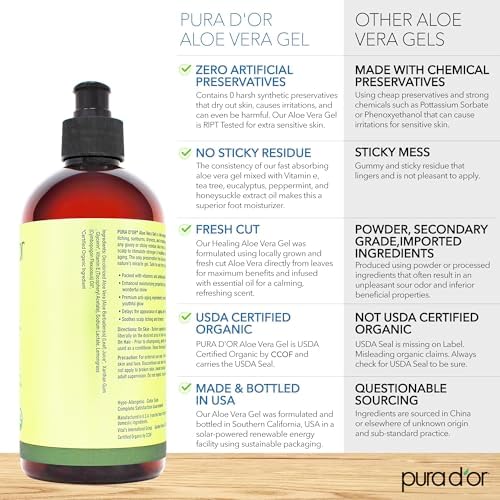 PURA D'OR 16 Oz ORGANIC Aloe Vera Gel - Lemongrass - All Natural - ZERO Artificial Preservatives - Deeply Hydrating & Moisturizing - Sunburn, Bug Bites, Rashes, Small Cuts, Eczema Relief - Skin & Hair