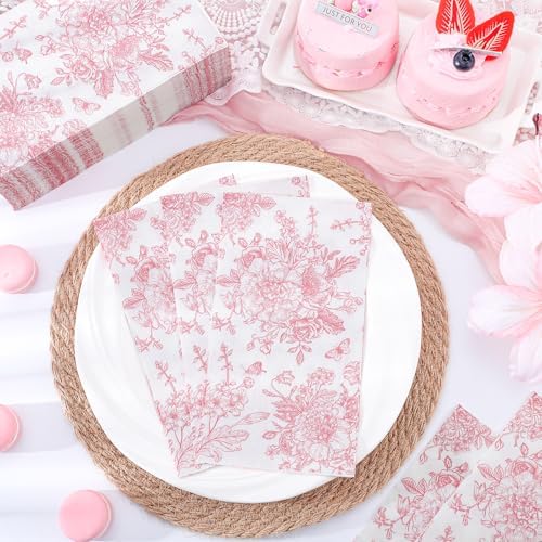 100 Pcs Pink Floral Napkins, Easter Napkins Disposable Decorative Bathroom Napkin Pink Toile Guest Dinner Napkin for Wedding, Bridal Baby Shower, Tea Party, Mothers Day