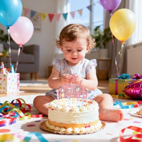 Happy 2nd Birthday Cake Topper - Pink Glitter Heart 2nd Birthday Cake Decoration for 2 Years Old Birthday Party Cake Decor Supplies
