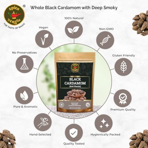 Spice Magic Black Cardamom Pods – 3.5 oz (100 g) | Whole Smoked Cardamom (Badi Elaichi) | Non-GMO | Bold Smoky Aroma for Indian & Asian Cooking