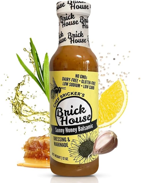 Brick House Sunny Honey Balsamic Vinaigrette Dressing & Marinade, 12oz - Low-Sodium, Low-Carb, Dairy-Free, Gluten-Free, Non-GMO, Balsamic Vinaigrette Salad Dressing, Keto-Friendly, Made in USA