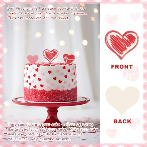 80 Pcs Edible Valentine's Day Heart Cupcake Toppers, Red Edible Heart Cake Decorations for Valentine's Day Theme Birthday Party Supplies