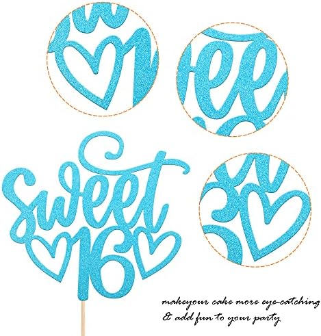 1 Pack Sweet Teenager 16 Cake Topper Glitter 16th Birthday Cake Pick for Cheers to 16 Years Old 16th Birthday Party Cake Decorations Supplies Light Blue