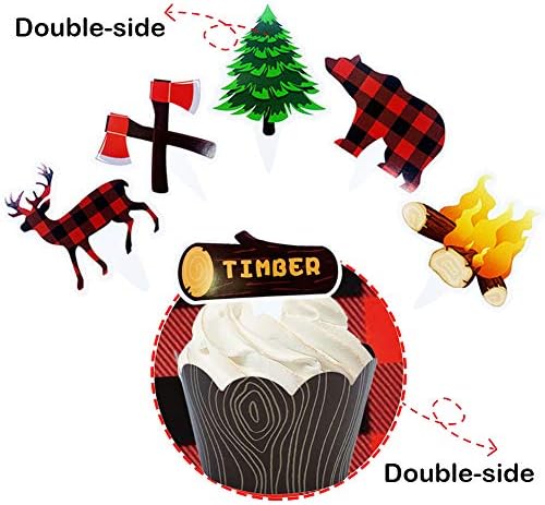 24 Pack Woodland Camping Lumberjack Deer Baby Bear Tree Campfire Axe Cupcake Toppers and Plaid Wood Grain Double Sided Cupcake Wrappers for Woodland Camping Lumberjack Party Supplies