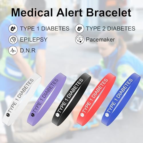 5PCS Medical Alert Bracelet for Men Women, Medical Alert ID Silicone Wristband for Diabetic D.N.R Pacemaker Epilepsy