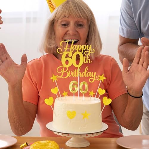 Happy 60th Birthday Cake Topper for 60th Birthday Decorations Numeral 60 Candle with Glitter Heart Cupcake Picks Set for Men Women Hello 60 Birthday Anniversary Party Cake Decor Supplies（GOLD）