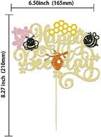 Gyufise 1Pcs Happy Bee Day Cake Topper Glitter Honeycomb Flower Bumble Bee Theme Cake Pick Baby Shower Bee Cake Decoration for Gender Reveal Baby Shower Kids Boys Girls Birthday Party Supplies Gold