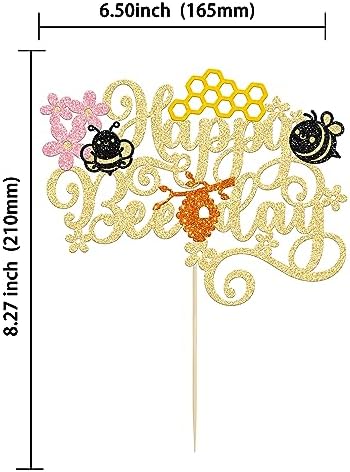 Gyufise 1Pcs Happy Bee Day Cake Topper Glitter Honeycomb Flower Bumble Bee Theme Cake Pick Baby Shower Bee Cake Decoration for Gender Reveal Baby Shower Kids Boys Girls Birthday Party Supplies Gold