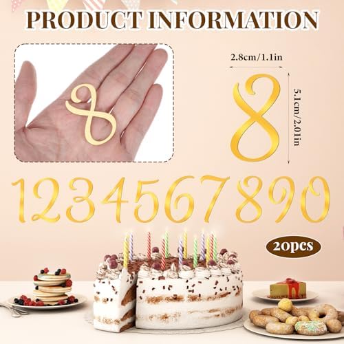 Tyqour 20 Pcs Gold Shiny Acrylic Number Cake Toppers 0-9 Number for Cake Topper DIY Handmade Cakes Sign Decorations for Birthday Party Wedding Anniversary