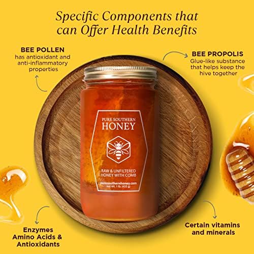 100% Raw Unfiltered Honey With Honeycomb by Pure Southern Honey [1lb] - Authentic, USA - Made Gallberry - Pure Unheated - Non - GMO, Unsweetened, Sugar - Free, Real American Honey With Comb