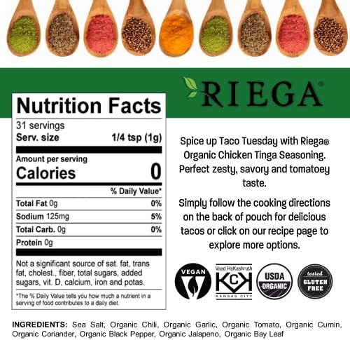 Riega Street Taco Seasoning, Organic Mexican Spice Blend for Cooking Authentic Meals, Chicken Tinga, 1.1 oz Packets, 8 Count