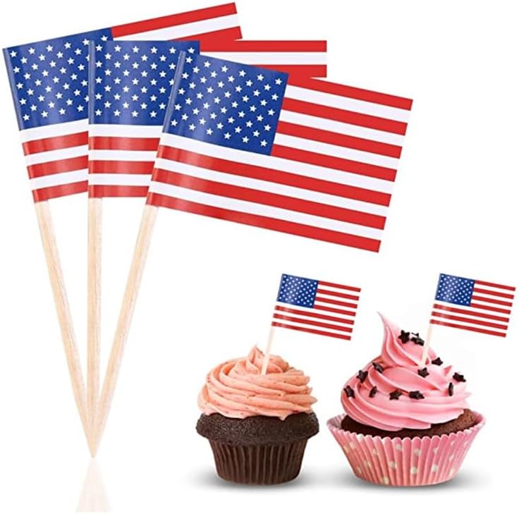 100-Pack 65mm USA Flag Toothpicks, Wooden Paper American Flag Picks, Cupcake Toppers Food Decor for Party 250th Independence Day Holiday Decor (100pcs America Flag)