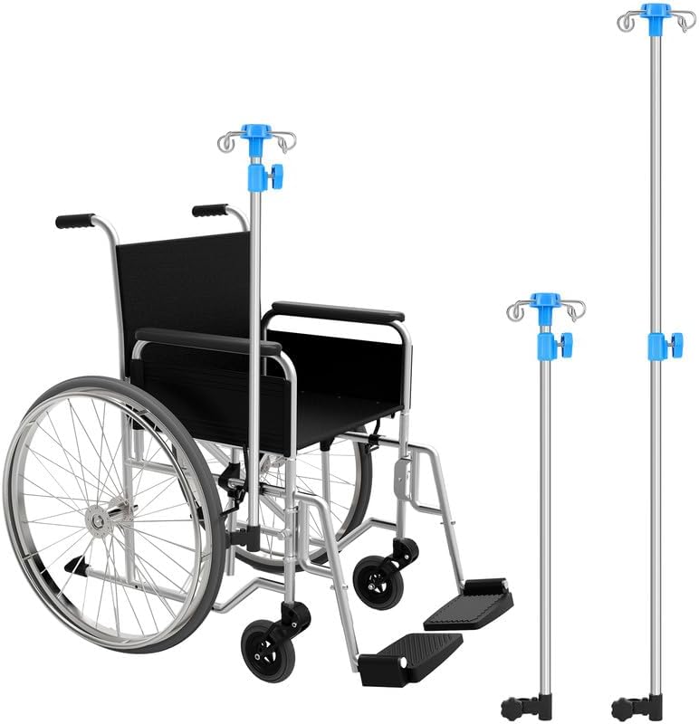 TrelaCo 2 Pcs iv Pole for Wheelchair Portable 4 Hook Height Adjustable Wheelchair iv Pole Infusion Stand Stainless Steel for Hospitals Clinics Wheelchairs Beds (Height Adjusts from 29.3" to 52.4")