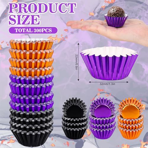 Whaline 300Pcs Halloween Mini Foil Cupcake Liners Black Purple Orange Mini Cake Paper Cup Foil Metallic Cupcake Wrappers Muffin Liners for Halloween Party Supplies Table Decor