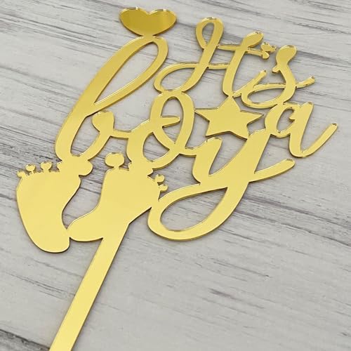 JIEEIN It's a Boy Cake Topper for Baby Shower, Baby Boy 1st Birthday Party Sign, Cute Baby Boy Cake Decor, Gender Reveal Party Decoration Supplies, Mirror Gold
