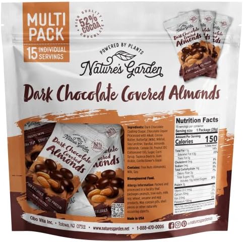 Nature's Garden Dark Chocolate Covered Almonds Snack Packs – No Trans Fat, Indulgent Snack, Dark Chocolate Almonds, Kosher Certified – 1 Oz Bags (15 Individual Servings)
