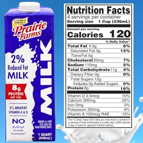 Prairie Farms Milk 2% Percent, Shelf Stable, Reduced Fat, Boxed & Ulta Pasteurized (UHT), Vitamin D White Milk - Preservative and Hormone Free, Gluten Free, Kosher, Made in USA - 1 Quart (4 Pack)