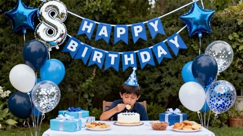 8th Birthday Decorations Blue for Boys, 8th Birthday Banner Balloon Blue Silver, Number 8 Birthday Star Foil Balloons Latex Confetti Balloons for Boys Him 8 Years Old Birthday Supplies(8th)