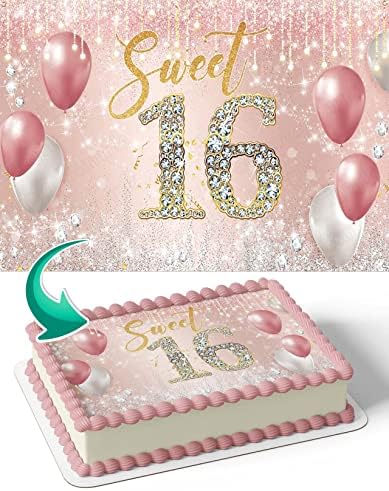 CAKECERY Sweet 16 Gold Rose Edible Cake Image Topper Birthday Cake Banner 1/4 Sheet