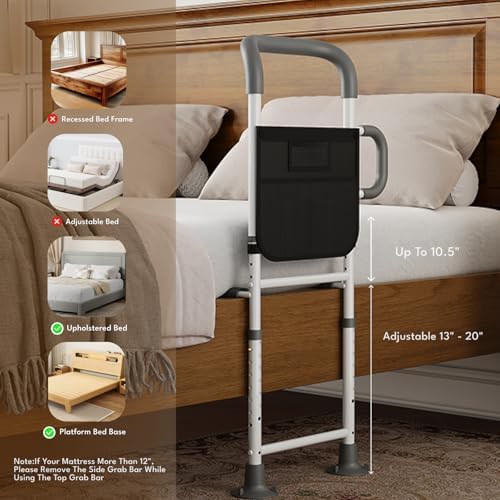 HOMEAL Bed Rails for Elderly Adults Safety - Adjustable Bed Assist Rails for Seniors, Adult Bed Guard Rail with Non-Slip Ergonomic Handle,Storage Pocket & Fixing Strap, 350 Tested (Grey, Long)