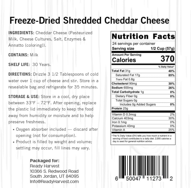 Ready Harvest Freeze-Dried Shredded Cheddar Cheese for Emergency Food Storage, Camping Supplies, and Survival Kits | Real Dairy | #10 Can | 30-Year Shelf Life | 1 Can