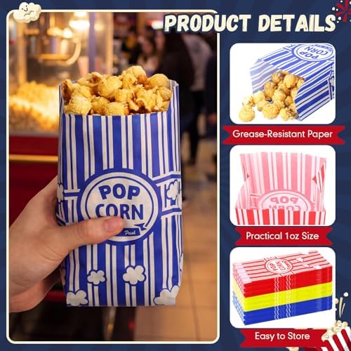 Yungyan 300 Pcs Popcorn Bags Bulk 1oz Grease Resistant Paper Snack Bags in Red Yellow Dark Blue for Party Movie Night Carnival Concession Stand Supplies