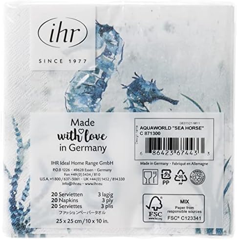 IHR Ideal Home Range Cocktail Napkins Disposable 3-Ply Paper Party Napkin Pack, 5" x 5", Aquaworld Sea Horse, 20-Count