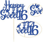Gyufise 1Pc Happy Sweet 16 Cake Topper Blue Glitter Sweet 16 Birthday Cake Decoration Happy 16th Birthday Decorations for Girls Boys Party Supplies